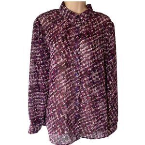 Coldwater Creek Women's Blouse L Button Up Sheer Purple Geometric Mature Flowy